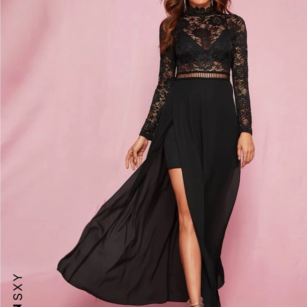 Zip back , split thigh,  sheer lace dress (bra not included)